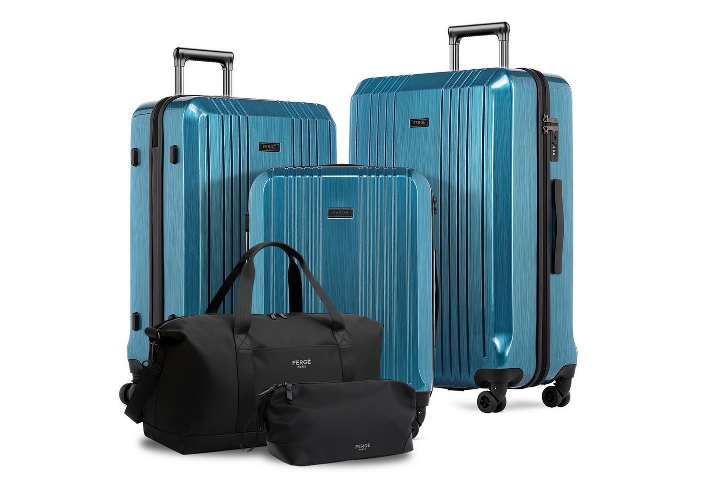 FERGÉ Kofferset Hartschale 3 teilig Koffer Set CANNES TSA-Schoß, 4 Rollen, (3er Kofferset stabil und leicht mit Zahlenschloß, 5 tlg., Hartschalen-Trolley Set 3 Größen Handgepäck Koffer M XL), Trolley 3er Koffer Set, Premium Reisekoffer 4 Doppelrollen TSA-Schloss von FERGÉ