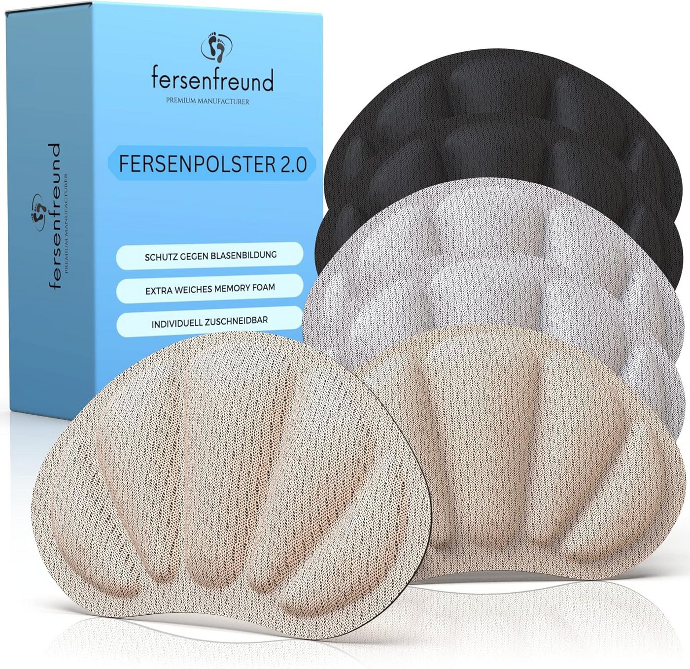 FERSENFREUND Fersenpolster FERSENFREUND© Premium Fersenpolster Schuheinlagen - DAS ORIGINAL 6 Stk (Hautfreundliche Fersenkissen - Fersenschoner Unsichtbarer Fersenschutz Schuheinlagen für zu große Schuhe NEUHEIT 2025, 6-tlg), Verbesserte Polsterung mit Memory Foam von FERSENFREUND