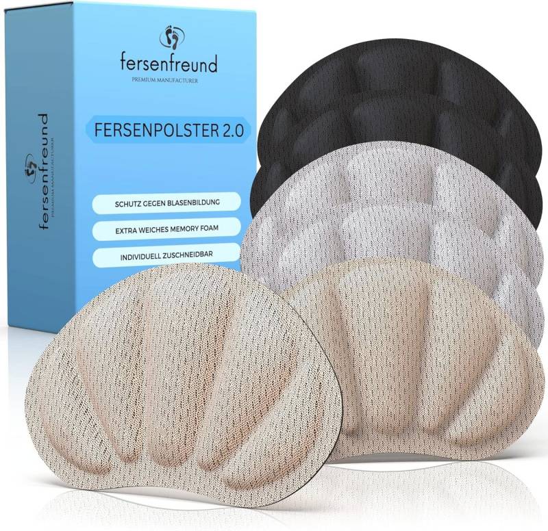 FERSENFREUND Fersenpolster FERSENFREUND© Premium Fersenpolster Schuheinlagen - DAS ORIGINAL 6 Stk (Hautfreundliche Fersenkissen - Fersenschoner Unsichtbarer Fersenschutz Schuheinlagen für zu große Schuhe NEUHEIT 2025, 6-tlg), Verbesserte Polsterung mit Memory Foam von FERSENFREUND