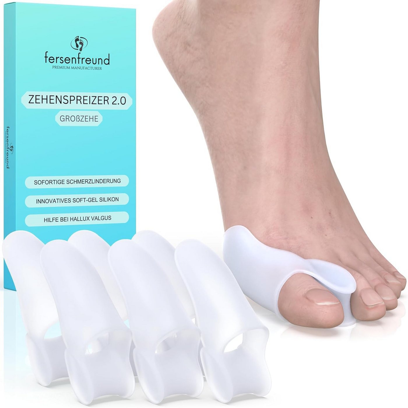 FERSENFREUND Zehenspreizer FERSENFREUND© Hallux Valgus Korrektur Zehenspreizer aus Silikon 6 Stk., 6-tlg., für Tag & Nacht Hallux-Valgus Bandage Ballenkorrektur Zehenkorrektur von FERSENFREUND