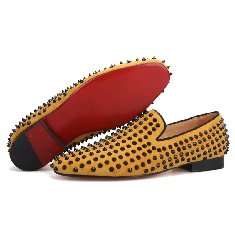 Ferucci Gold Samt Hausschuhe Loafers Flat With Black Spikes Nieten Prom Hochzeit von FERUCCI