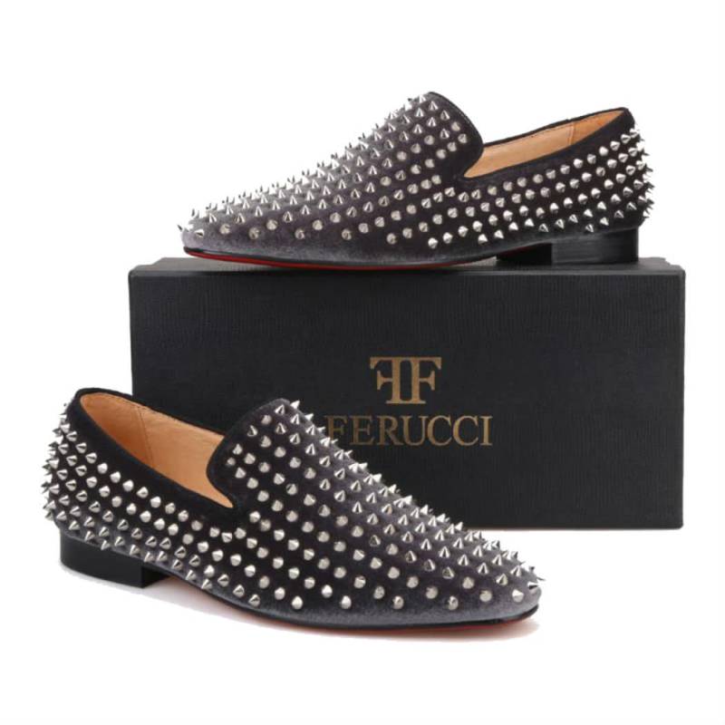 Ferucci Graue Samt Hausschuhe Loafers Flat Mit Silber Spikes Nieten Prom Hochzeit von FERUCCI