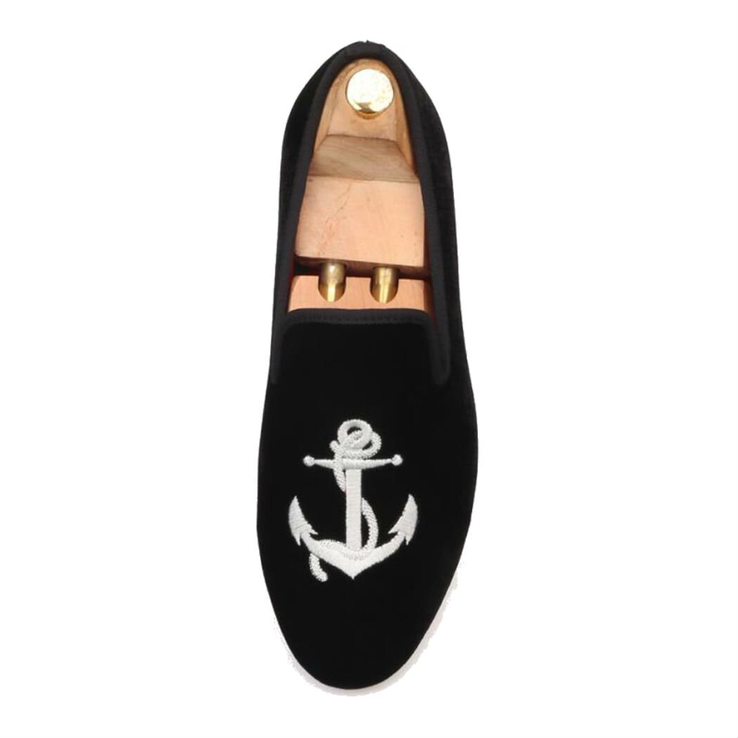 Ferucci Herren Schwarze Samt Hausschuhe Flats Loafers Mit Silber Anker Prom Hochzeit von FERUCCI