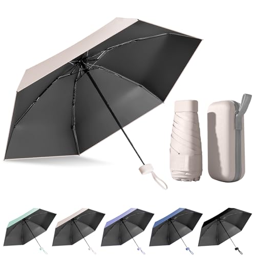 FESDMOH Regenschirm, Mini Umbrella, Taschenregenschirm, Mini Schirm mit box, Schirm UV Schutz, Regenschirm Klein Leicht Stabil (Beige) von FESDMOH