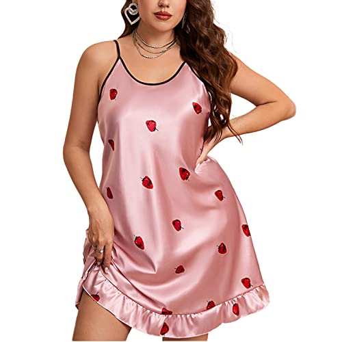 FESFOC Damen Plus Größe Satin Chemise Nachthemd Dessous Plissiertes Negligee Nachtwäsche Verstellbar XL-5XL,Rosa,5XL von FESFOC