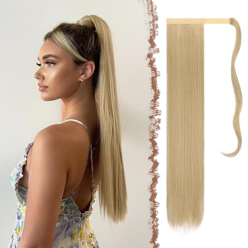 FESHFEN Lang Glattes Pferdeschwanz Haarteil Synthetik Haarverlängerung Zopf Haar Extension für Damen Mädchen, Hellblond 60 cm von FESHFEN