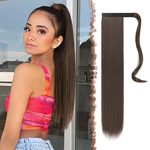 FESHFEN Lang Glattes Pferdeschwanz Haarteil Synthetik Haarverlängerung Zopf Haar Extension für Damen Mädchen, Mittleres Kastanienbraun 60 cm von FESHFEN