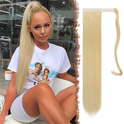 FESHFEN Lang Glattes Pferdeschwanz Haarteil Synthetik Haarverlängerung Zopf Haar Extension für Damen Mädchen, Bleichblond 60 cm von FESHFEN