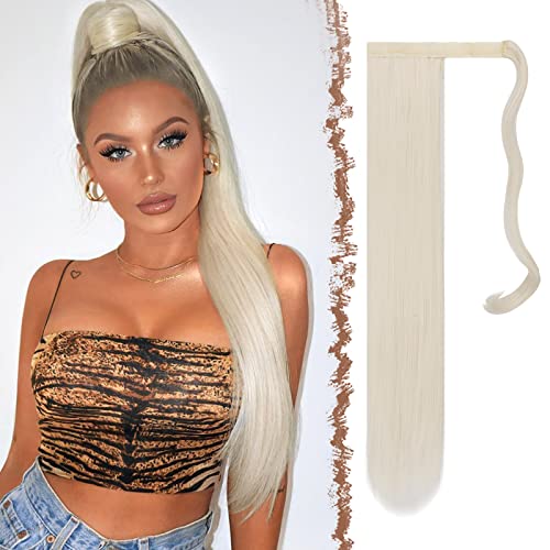 FESHFEN Lang Glattes Pferdeschwanz Haarteil Synthetik Haarverlängerung Zopf Haar Extension für Damen Mädchen, Platin Blond 60 cm von FESHFEN