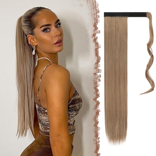 FESHFEN Lang Glattes Pferdeschwanz Haarteil Synthetik Haarverlängerung Zopf Haar Extension für Damen Mädchen, Hellbraun & Naturblond 60 cm von FESHFEN