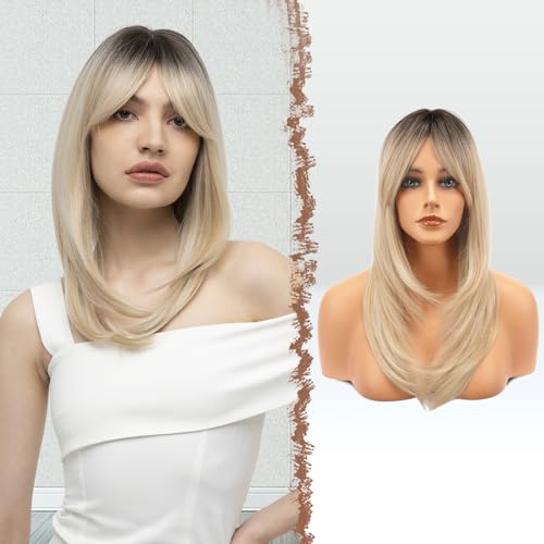 FESHFEN Blond Perücken mit Pony für Frauen Natürliches Synthetik Haar Ombre Blonde Perücke Haarperücke für Frauen 45 cm von FESHFEN