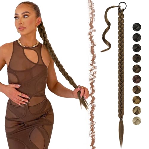 FESHFEN Braid Extensions Pferdeschwanz Verlängerung mit Haargummi, 65 cm Hellbraun Lang Ponytail Geflochten Kunsthaar Haarverlängerung Pferdeschwanz zum Einflechten Zopf Haarteil für Damen von FESHFEN