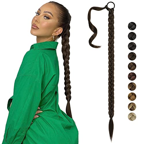 FESHFEN Braid Extensions Pferdeschwanz Verlängerung mit Haargummi, 65 cm Lang Ponytail Geflochten Kunsthaar Haarverlängerung Kastanienbraun Zopf Haarteil für Damen von FESHFEN