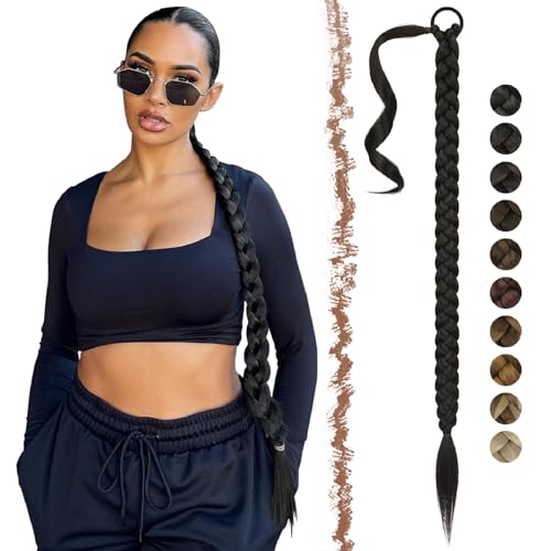FESHFEN Braid Extensions Pferdeschwanz Verlängerung mit Haargummi, 65 cm Lang Ponytail Geflochten Kunsthaar Haarverlängerung Pferdeschwanz Extension Zopf Haarteil für Damen Aus Schwarz von FESHFEN