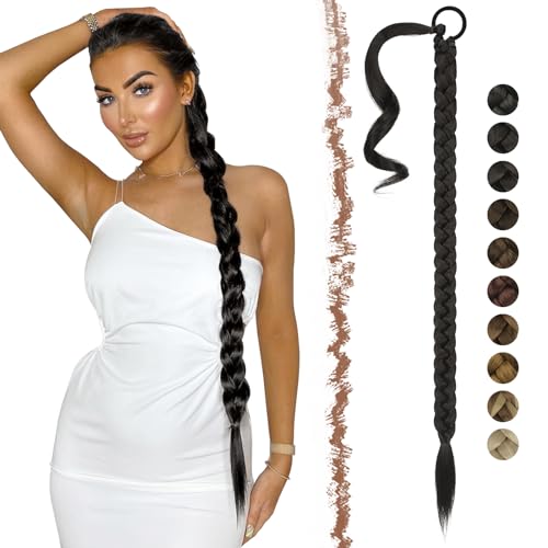 FESHFEN Braid Extensions Pferdeschwanz Verlängerung mit Haargummi, 75 cm Lang Ponytail Geflochten Kunsthaar Haarverlängerung Haare zum Einflechten Pferdeschwanz Zopf für Damen, Natürlich Schwarz von FESHFEN