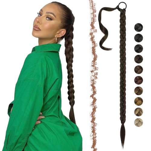 FESHFEN Braid Extensions Pferdeschwanz Verlängerung mit Haargummi, 75 cm Lang Ponytail Geflochten Kunsthaar Haarverlängerung Kastanienbraun Pferdeschwanz Extensions Zopf Haarteil für Damen von FESHFEN