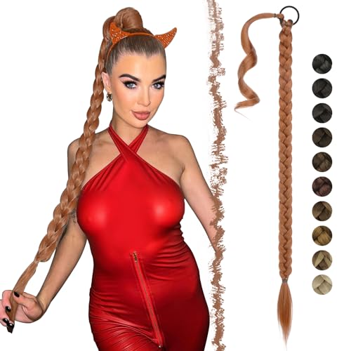 FESHFEN Braid Extensions Pferdeschwanz Verlängerung mit Haargummi, 75 cm Lang Ponytail Geflochten Zöpfe Kunsthaar Haarverlängerung Zopf Haarteil für Damen, KupferrotKupferrotKupferrotKupferrot von FESHFEN