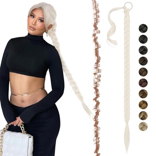 FESHFEN Braid Extensions Pferdeschwanz Verlängerung mit Haargummi, 75 cm Lang Ponytail Geflochten Zöpfe Kunsthaar Haarverlängerung Zopf Haarteil für Damen, Platinblond von FESHFEN
