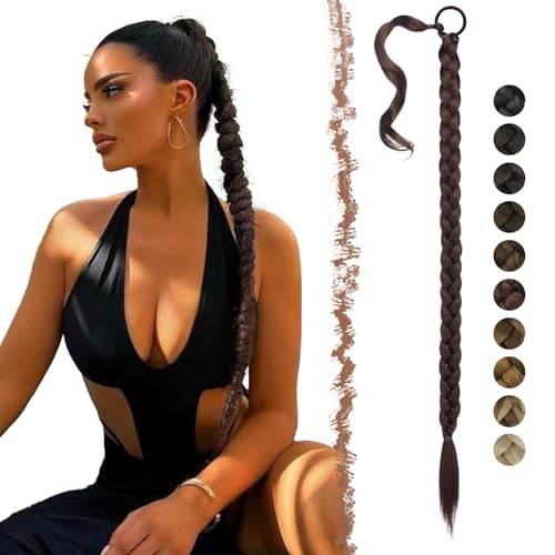 FESHFEN Braid Extensions Pferdeschwanz Verlängerung mit Haargummi, 85 cm Lang Ponytail Geflochten Kunsthaar Haarverlängerung Braun Pferdeschwanz Extensions Zopf Haarteil für Damen von FESHFEN