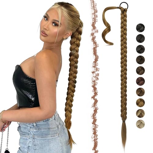 FESHFEN Braid Extensions Pferdeschwanz Verlängerung mit Haargummi, 85 cm Lang Ponytail Geflochten Kunsthaar Pferdeschwanz Extension Zöpfe Haarteil für Damen, Hellbraun Mix Naturblond von FESHFEN