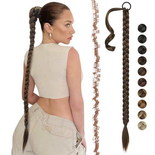 FESHFEN Braid Extensions Pferdeschwanz Verlängerung mit Haargummi, 85 cm Lang Ponytail Geflochten Zöpfe Kunsthaar Haarverlängerung Braun Gemischt Hellbraun Zopf Haarteil für Damen von FESHFEN