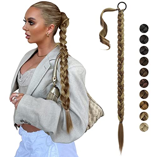 FESHFEN Braid Extensions Pferdeschwanz Verlängerung mit Haargummi, 85 cm Lang Ponytail Geflochten Zöpfe Kunsthaar Haarverlängerung Zopf Haarteil für Damen, Rotbraun Mix Aschblond von FESHFEN