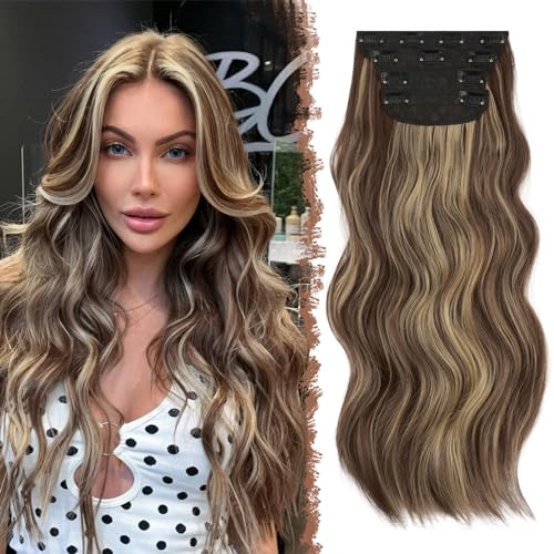 FESHFEN Clip in Extensions, 4PCS 50 cm Haarverlängerungen mit Clips Synthetik Gewellte Haarextension Blond Hervorgehobenes Mittelbraun Wavy Haar Extensions Clip in Haarteil für Frauen, 180g von FESHFEN