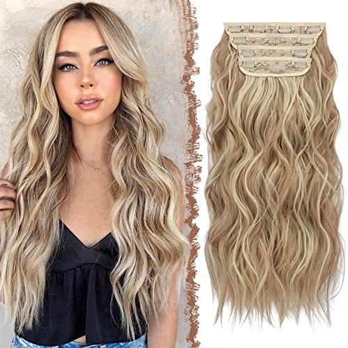 FESHFEN Clip in Extensions, 4PCS 50 cm Haarverlängerungen mit Clips Synthetik Gewellte Haarextension Dunkles Aschblond Gemischtes Bleichblond Wavy Haar, Haarteil für Frauen, 180g von FESHFEN