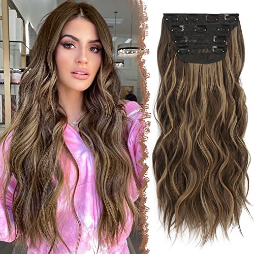 FESHFEN Clip in Extensions, 4PCS 50 cm Haarverlängerungen mit Clips Synthetik Gewellte Haarextension Honigblond Gemischt Hellbraun Wavy Wellig Haar Extensions Clip in Haarteil für Frauen, 180g von FESHFEN