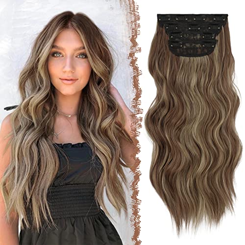 FESHFEN Clip in Extensions, 4PCS 50 cm Haarverlängerungen mit Clips Synthetik Gewellte Haarextension Rotbraun gemischt Aschblond Wavy Wellig Haar Extensions Clip in Haarteil für Frauen, 180g von FESHFEN