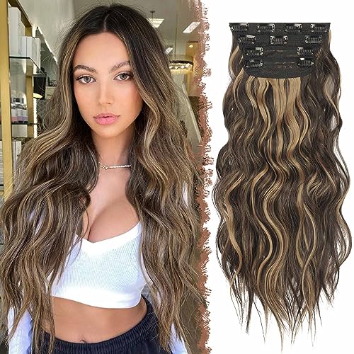 FESHFEN Clip in Extensions, 4PCS Haarverlängerungen mit Clips Synthetik Gewellte Haarextension Schokoladenbraun hervorgehoben Karamellblond Wavy Haar Extensions Clip in Haarteil für Frauen, 50 cm von FESHFEN