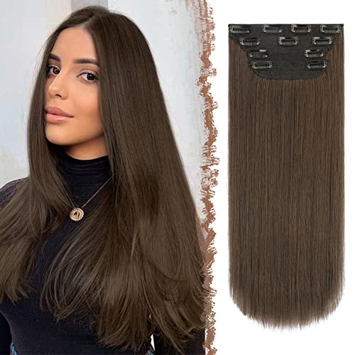 FESHFEN Clip in Extensions, 4PCS 50 cm Haarverlängerungen mit Clips Synthetik Glatt Haarextension Lang Haar Extensions Kastanienbraun Clip in Haarteil für Damen von FESHFEN