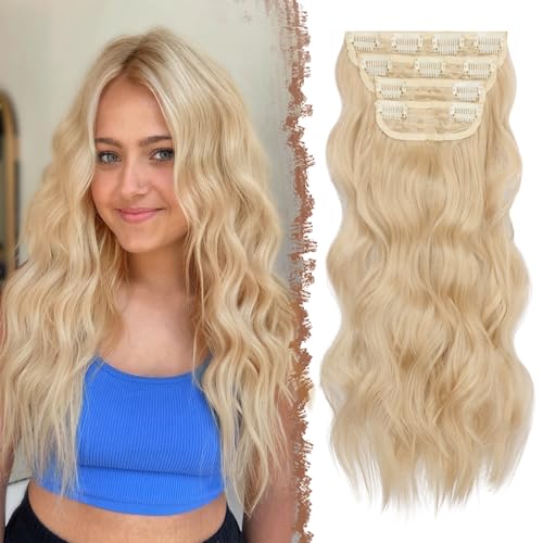 FESHFEN Clip in Extensions, 4PCS 50 cm Voller Kopf Haarverlängerungen mit Clips Synthetik Gewellte Haarextension Blond Wavy Haar Extensions Clip in Haarteil für Frauen, 180g von FESHFEN