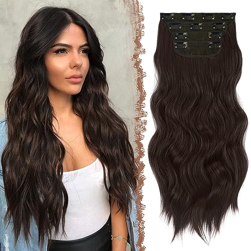 FESHFEN Clip in Extensions, 4PCS 50 cm Voller Kopf Haarverlängerungen mit Clips Synthetik Gewellte Haarextension Dunkelbraun Wavy Haar Extensions Clip in Haarteil für Frauen, 180g von FESHFEN