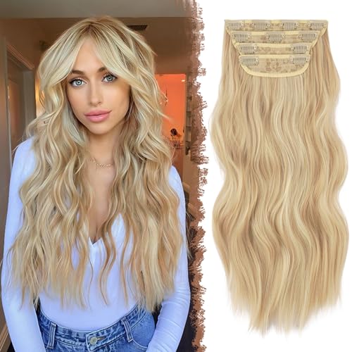 FESHFEN Clip in Extensions, 4PCS 50 cm Voller Kopf Haarverlängerungen mit Clips Synthetik Gewellte Haarextension Dunkelgoldene Mix-Beigeblond Wavy Haar Extensions Clip in Haarteil für Frauen, 180g von FESHFEN