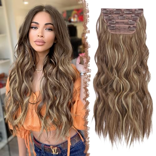 FESHFEN Clip in Extensions, 4PCS 50 cm Voller Kopf Haarverlängerungen mit Clips Synthetik Gewellte Haarextension Hellbraun und Blond Wavy Haar Extensions Clip in Haarteil für Frauen, 180g von FESHFEN