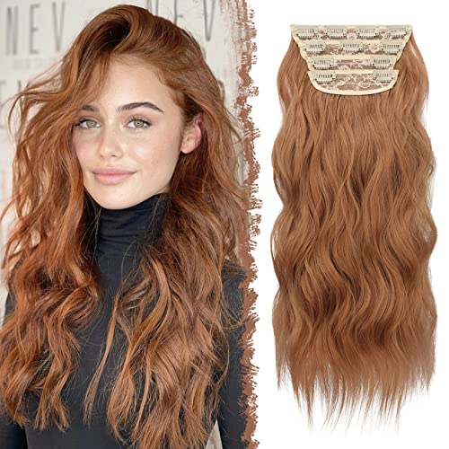 FESHFEN Clip in Extensions, 4PCS Haarverlängerungen mit Clips Synthetik Gewellte Haarextension Kastanienbraun Wavy Wellig Haar Extensions Clip in Haarteil für Frauen 50 cm von FESHFEN