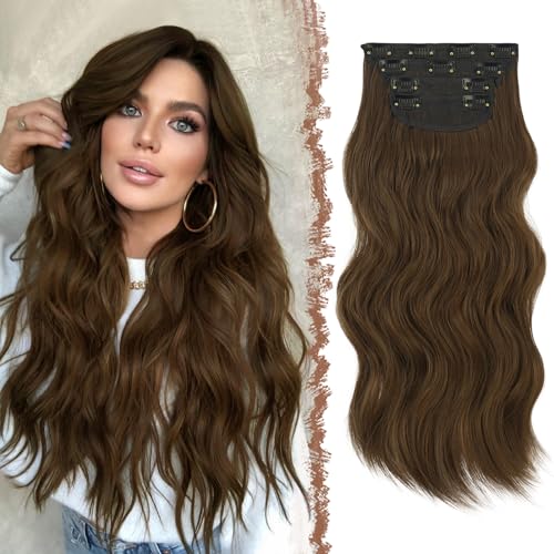 FESHFEN Clip in Extensions, 4PCS 50 cm Voller Kopf Haarverlängerungen mit Clips Synthetik Gewellte Haarextension Kastanie Braun Wavy Wellig Haar Extensions Clip in Haarteil für Frauen, 180g von FESHFEN