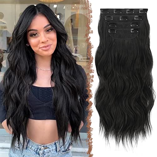 FESHFEN Clip in Extensions, 4PCS 50 cm Voller Kopf Haarverlängerungen mit Clips Synthetik Gewellte Haarextension Natürliches Schwarz Wavy Haar Extensions Clip in Haarteil für Frauen, 180g von FESHFEN