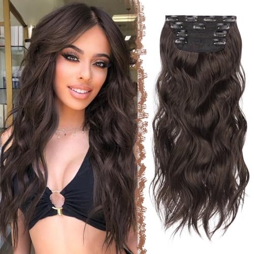 FESHFEN Clip in Extensions, 4PCS 50 cm Voller Kopf Haarverlängerungen mit Clips Synthetik Gewellte Haarextension Schokoladenbraun Dunkelbraun Wavy Haar Extensions Clip in Haarteil für Frauen, 180g von FESHFEN