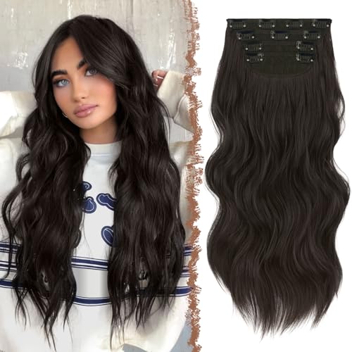FESHFEN Clip in Extensions, 4PCS 50 cm Schwarz Braun Haarverlängerungen mit Clips Synthetik Gewellte Haarextension Schwarz Braun Wavy Haar Extensions Clip in Haarteil für Frauen, 180g von FESHFEN