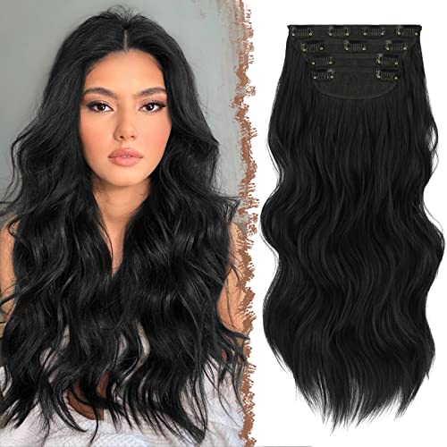 FESHFEN Clip in Extensions, 4PCS 50 cm Voller Kopf Haarverlängerungen mit Clips Synthetik Gewellte Haarextension Schwarz Wavy Haar Extensions Clip in Haarteil für Frauen, 180g von FESHFEN