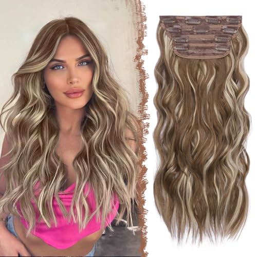 FESHFEN Clip in Extensions, 4PCS 50 cm Voller Kopf Haarverlängerungen mit Clips Synthetik Gewellte Haarextension Wavy Haar Extensions Clip in Haarteil für Frauen, Hellbraun mit blonden Strähnen von FESHFEN