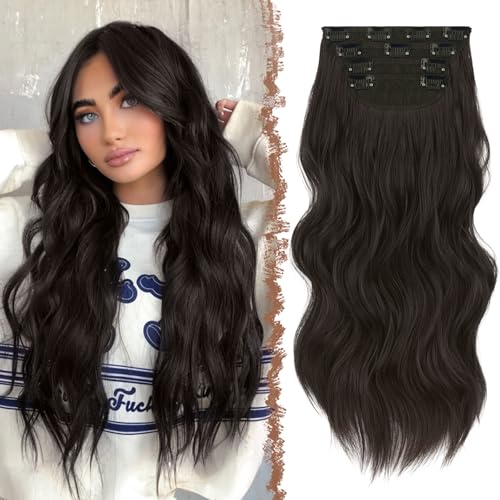 FESHFEN Clip in Extensions, 4PCS 50 cm Voller Kopf Haarverlängerungen mit Clips Synthetik Gewellte Haarextension Wavy Haar Extensions Clip in Haarteil für Frauen, 180g Schwarz Braun von FESHFEN