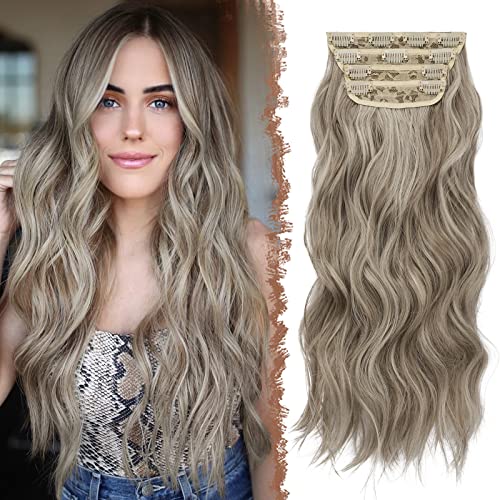 FESHFEN Clip in Extensions, 4PCS Haarverlängerungen mit Clips Synthetik Gewellte Haarextension Aschbraun gemischt mit Hellblond Wavy Wellig Haar Extensions Clip in Haarteil für Frauen 50 cm von FESHFEN