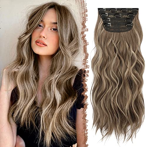 FESHFEN Clip in Extensions, 4PCS Haarverlängerungen mit Clips Synthetik Gewellte Haarextension Brünett gemischt mit Aschblond Wavy Wellig Haar Extensions Clip in Haarteil für Frauen 50 cm von FESHFEN