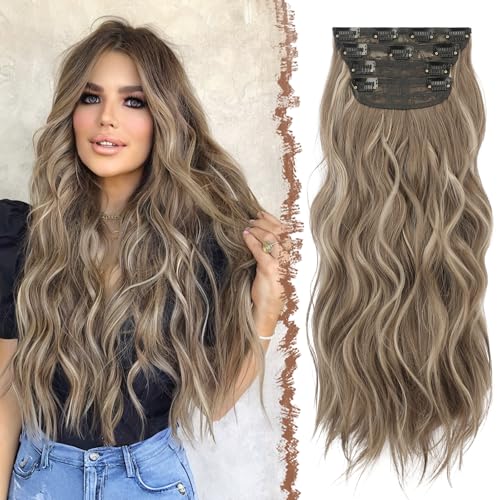 FESHFEN Clip in Extensions, 4PCS Haarverlängerungen mit Clips Synthetik Gewellte Haarextension Brünett gemischt mit Aschblond Wavy Wellig Haar Extensions Clip in Haarteil für Frauen 50 cm von FESHFEN