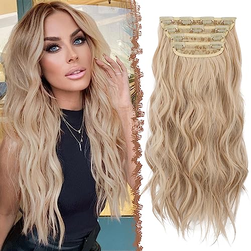 FESHFEN Clip in Extensions, 4PCS Haarverlängerungen mit Clips Synthetik Gewellte Haarextension Honigblond Gemischt Platinblond Wavy Wellig Haar Extensions Clip in Haarteil für Frauen 50 cm von FESHFEN
