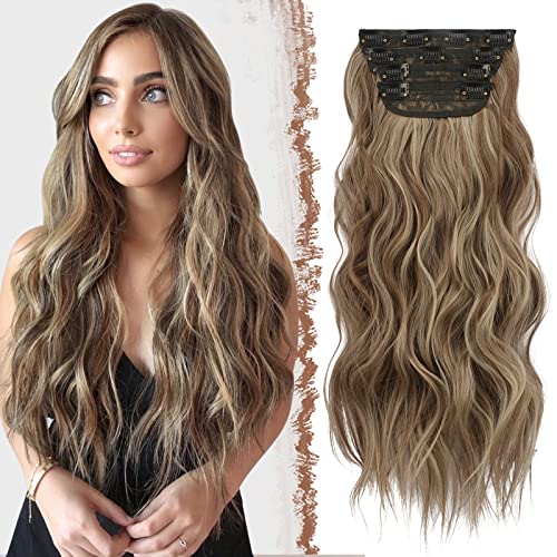 FESHFEN Clip in Extensions, 4PCS Haarverlängerungen mit Clips Synthetik Gewellte Haarextension Karamellbraun gemischt mit Aschblond Wavy Wellig Haar Extensions Clip in Haarteil für Frauen 50 cm von FESHFEN