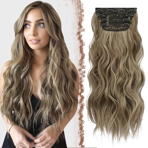 FESHFEN Clip in Extensions, 4PCS Haarverlängerungen mit Clips Synthetik Gewellte Haarextension Hellbraun Gemischt Aschblond Wavy Wellig Haar Extensions Clip in Haarteil für Frauen 50 cm von FESHFEN